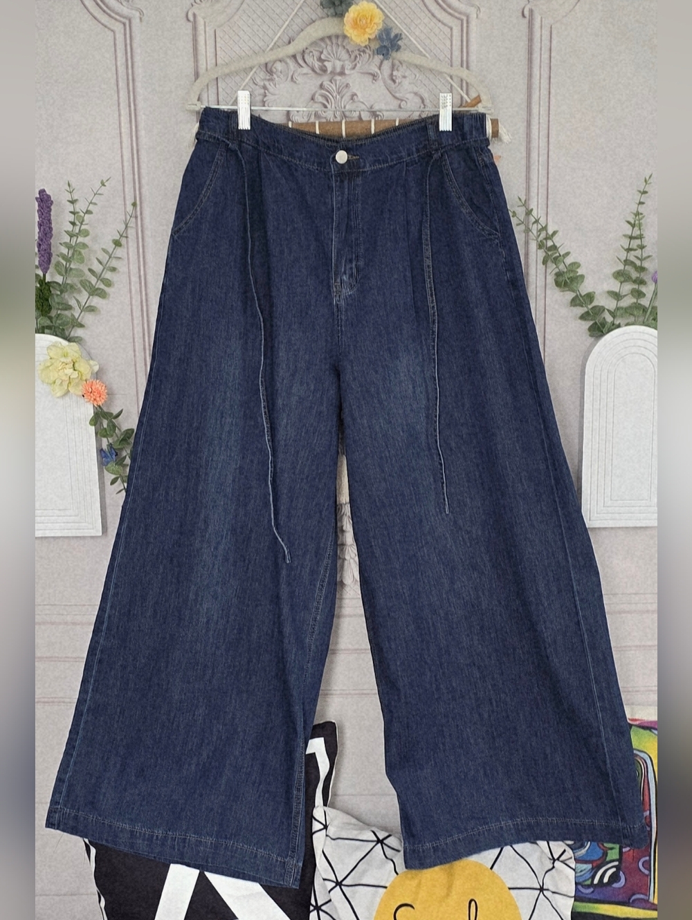 Davi & Dani Dark Wash Lightweight Wide Leg Elastic Tie Waist Denim Flowy Jeans